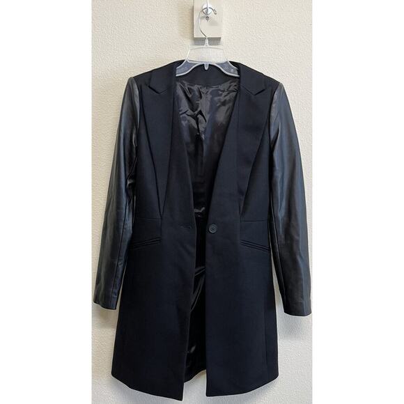 All Saints Black Wool Lambs Leather Long Coat Size 6 US Collarless Portex NEW - Picture 6 of 12